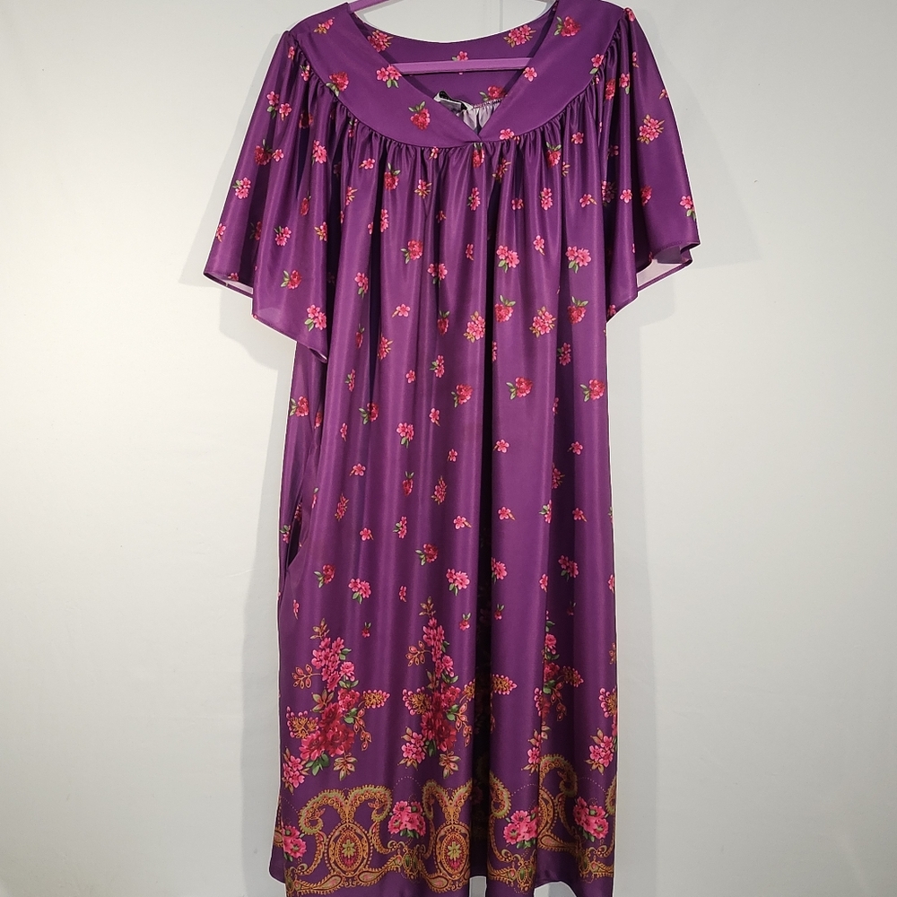Vintage 90s Anthony Richards Kaftan Womens 2X Purple Floral House Dress MuuMuu